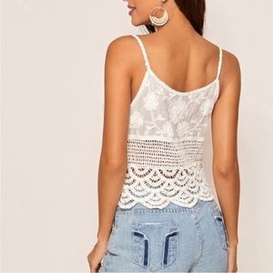 CROCHET & FLORAL EMBROIDERED COTTON CAMI CROP TOP